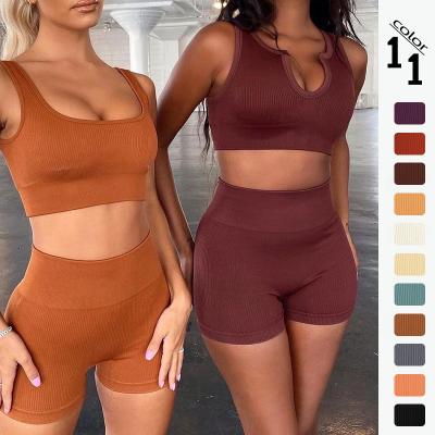 China 2021 Summer Custom Women Breathable Active Sport Wear 2 Piece Set Fitness Bra Yoga Shorts Seamless Yoga Suit for sale