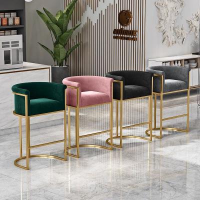 China Modern Modern coffee cafe restaurant leisure metal upholstered cushion armrest counter high velvet bar stools chair for sale