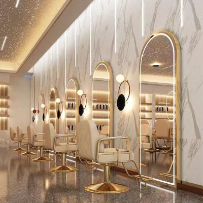 China Modern New Arrival Large Integral Gold Styling Barber Salon Furniture Wall Mounted Hairdressing Beauty Salon Makeup Led Mirror for sale