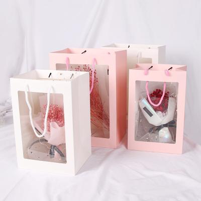 China Fashion Gift Doll Flower Recyclable Paper Bag With Open Window 25*18*35cm Transparent Package Mini Cake PVC Floral Gift Box for sale