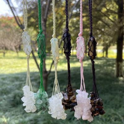 China Car Accessories Bohemian Jewelry Healing Rough Stone Pendant Car Hanging Decorations Color Hexagonal Natural Stone Car Weaving Ornaments for sale