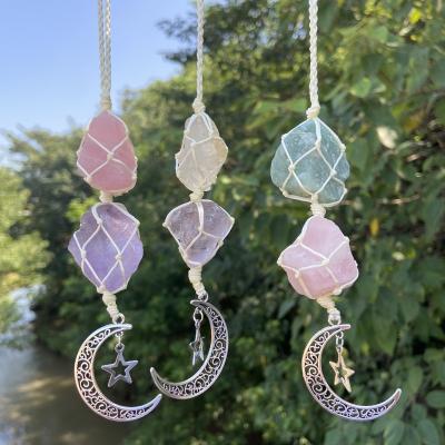 China Car Accessories Bohemian Jewelry Healing Rough Stone Pendant Car Hanging Decorations Color Natural Stone Moon Car Weaving Ornaments for sale