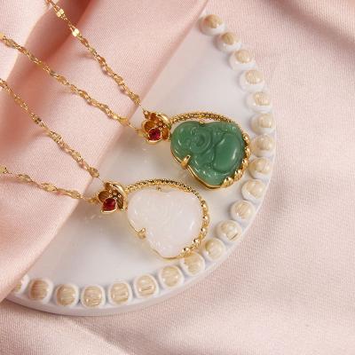 China FASHIONABLE Gold Plated Green White Stone Buddha Necklaces Chinese Lucky Amulet Stainless Steel Chain Chinese Zircon Women Girl Pendant Necklace for sale