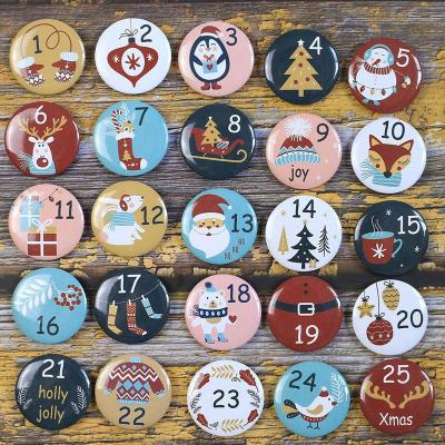 China 24pcs Plastic Christmas Baubles Advent Calendar Badges Christmas Tree Cartoon Ornaments Digital Pattern Button Pin Broochs for sale