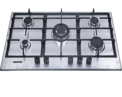 China Flame Failure Devices 5 Burners Stainless Steel Top Panel Gas Stove Cooker Hob With Cast Iron Pan Support for sale