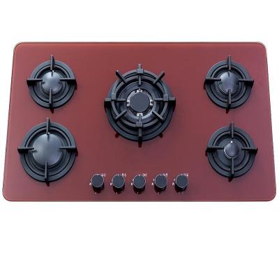 China Flame Failure Features 5 Burners Tempered Cooker Hob Red Glass Gas Stove for sale