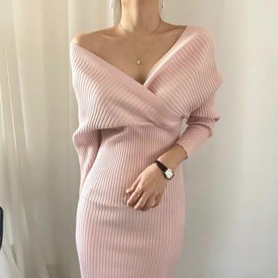 China QUICK DRY V-Neckline Off Shoulder Long Waist Cross Sleeve Knitted Dress for sale