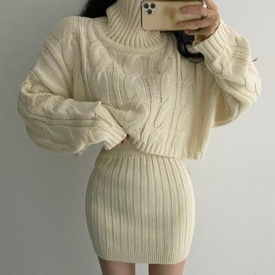 China Autumn High Collar Linen Sweater Long Sleeve Slim Skirt QUICK DRY Sweater Suit for sale