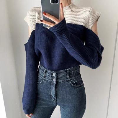 China QUICK DRY Crewneck Sweater Off Shoulder Color Block Design Soft Long Sleeve Sweater for sale