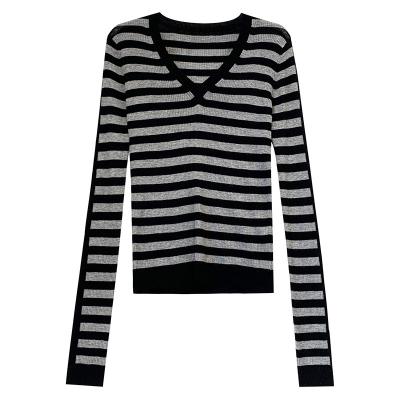 China New Casual Style QUICK DRY Thin Sleeve Stripe Pullover V-Neckline Long Top Spring Women for sale