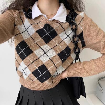 China American Khaki Rhombus Women's Retro College Style Shorts V-neck Sweater QUICK DRY T-shirt for sale