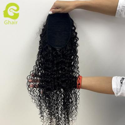 China Best Quality Deep Wave Ghair Raw Hair 10A+ Ponytail 100 Gram Long Ponytail Hair Extensions Wrap Around Hair Ponytail for sale