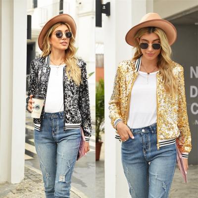 China Plus Size Fashion Women Autumn Jacket Shinny Sequin Coat Long Sleeve Zipper Causal Fit Jacket Bomber Sleeve for sale