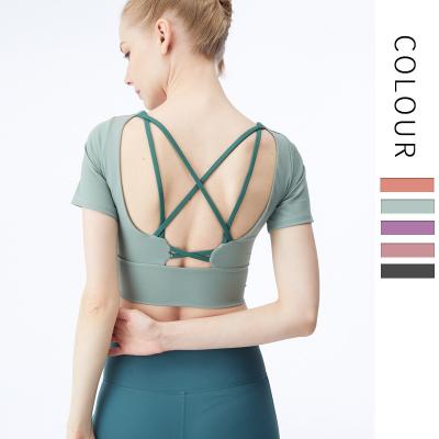 China Breathable Hot High Quality Back Bandage Yoga Compression Selling Short Sleeve Sport Top Bra Plain Color Custom Logo Custom Logo for sale