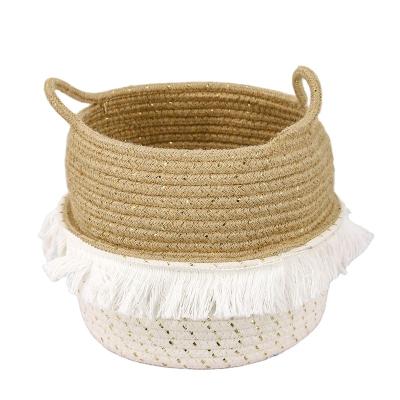 China Sustainable Customized Handmade Decorative Cotton Rope Tassel and Jute Rope Storage Baskets with Handle for sale