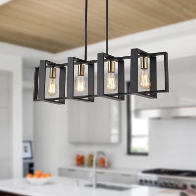 China E26 Farmhouse Light 4 Bulbs Rectangular Wooden Black Chandelier Dining Room Pendant Light for sale