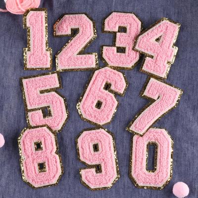 China Iron On Patches ZSY Custom Chenille Embroidery Glitter Numbers Patches For Apparel for sale