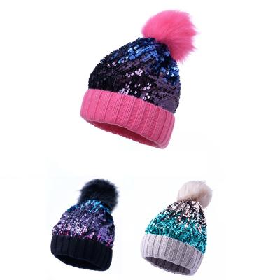 China COMMON BSC0091 customized sequin stripes low price knit fur pom pom wool hat beanie hats for sale