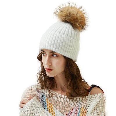 China BSC0067 JOINT Factory Customize Winter Knitting Hat Striped Raccoon Fur Pom Pom Hats for sale