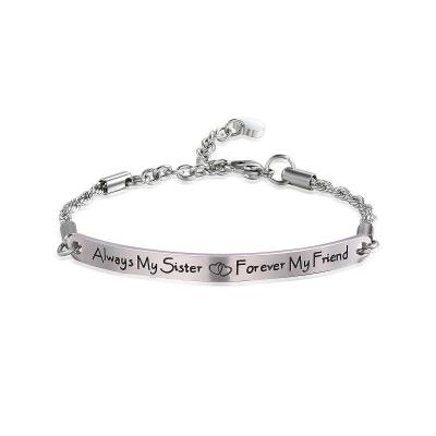 China Fashionable New Design Always My Sister Stainless Steel Curved Bar Bracelet Custom Engraved Adjustable Chain Bracelet For Women for sale