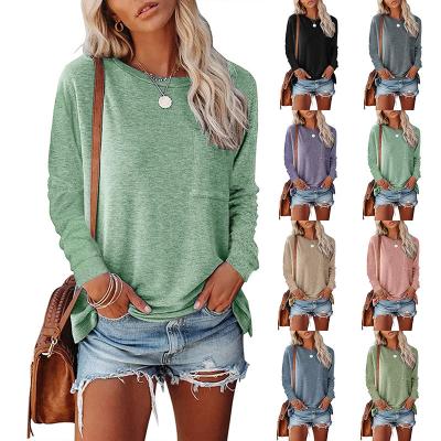 China Women Sleeve Shirts Anti Shrink Casual Loose Crew Neck Solid Long Tops Pullover Sweatshirts With Pocket for sale