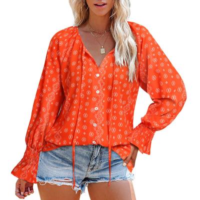 China Women's Boho Anti-Wrinkle Floral Print Casual V-Neckline Long Sleeve Loose Blouses Shirts Tops for sale