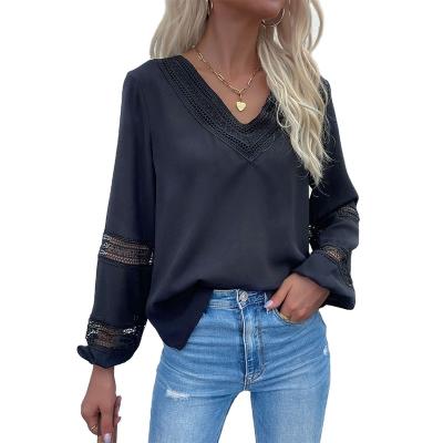 China Anti-Wrinkle New Arrivals Women Splicing Hollow-out V-neck Long Sleeve Blouse for sale