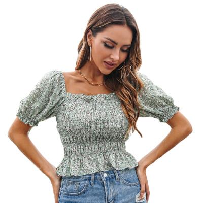 China Anti-Wrinkle Women's Clothing Casual Square Neck Floral Ruffle Tops Summer Chiffon T-shirt for sale