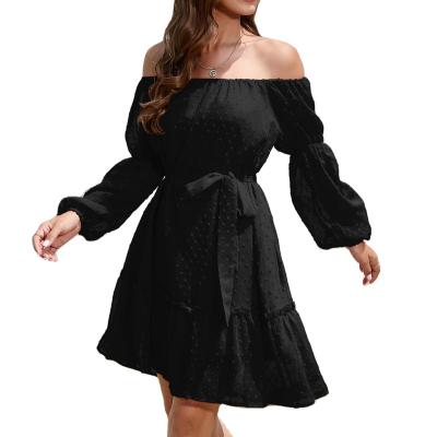 China Breathable Women's Solid Square Collar Dresses Ruffle Long Sleeve Elegant Vestidos A-Line Ruched Lady Office Fashion Spring Dress 2023 for sale