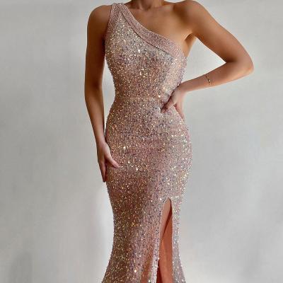 China Breathable Sexy Off Shoulder Party Slit Sequin Dress Women 2023 Summer Fashion Elegant Strap High Waist Sleeveless Dresses for sale