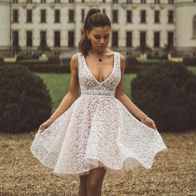 China Fashion Dress 2022 Breathable Sexy Deep V Women--White Halter Neck Lace Dress Dresses Women Lady Elegant Wedding for sale