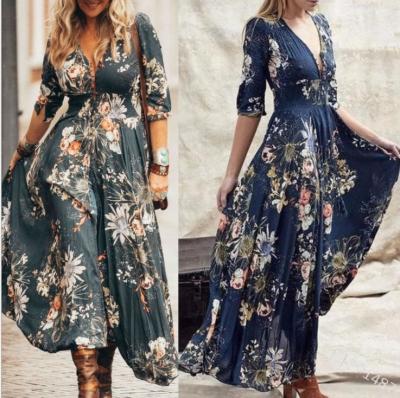 China Breathable 2022 New Arrives Plus Size Floral Print Casual Women's Half Sleeve Fashion V-Neck Dress for sale