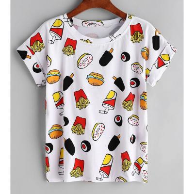 China Breathable Women's T-shirt Custom Print Cotton White All Over Print Cuffed T Shirt For Women for sale