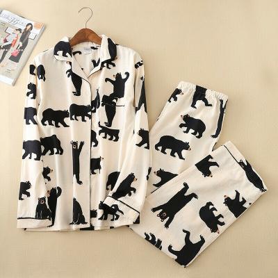 China QUICK DRY Black White Custom Logo Printed Women Pajamas Sleepwear Custom Cotton 2 Piece Long Pajama Set for sale