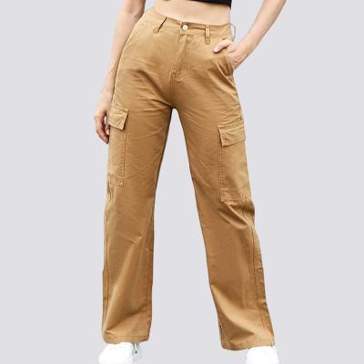 China Custom Plain Patch Pockets Patch Leg Zipper Fly Button Closure Multi Casual Loose Women Cargo Wide Leg Pants With Side Pockets for sale