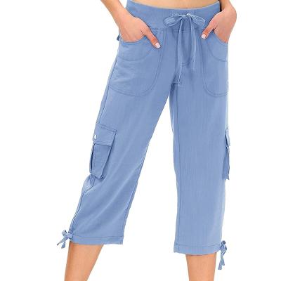 China Custom Casual Cotton Anti-Static Patch 6 Multi Pockets Crop Trousers Drawstring Waist Women Cargo Pants With Side Pockets for sale