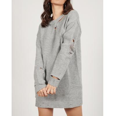 China custom women anti-wrinkle fall winter bulky clothing oversized holes sleeve crewneck destroyed sweater dress for sale