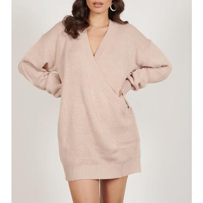 China Anti-wrinkle apparel manufacturer custom OEM service women ladies full wrap front detail oversized sweater dress for sale