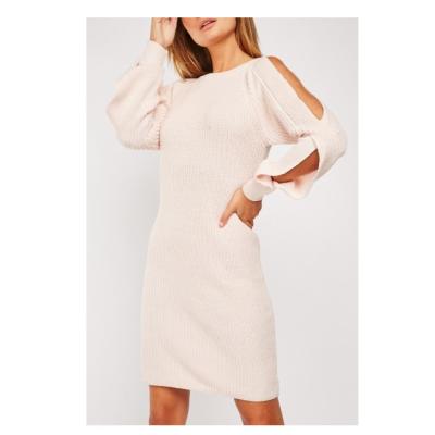 China High quality knitted anti-static low moq sweater dress trim slit custom ribbed sleeve knit dress women for sale