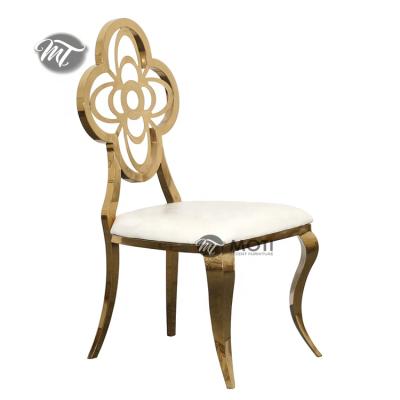 China Modern Design Modern Flower Metal Frame Stainless Steel Gold Banquet Back Wedding Chair With White PU Leather Seat for sale