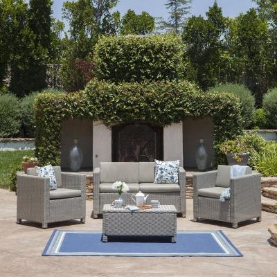 China KD Outdoor Rattan Sofa Seating Group 4 Piece Paio Conversation Furniture Sets With Cushions for sale