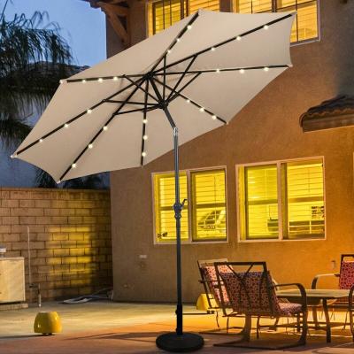 China With Angel Adjustable Tilt Outdoor Factory UV Resistant Folding Round Patio LED Solar Light Umbrella with Crank, Round Hotel Beach Umbrella for sale