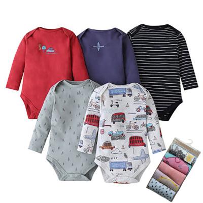 China Cozy Baby Clothes Wholesale Newborn Jumpsuit 5pcs Long Sleeve 100% Cotton Onesie Baby Romper Unisex Printing for sale