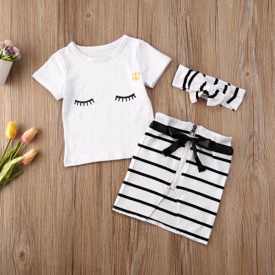 China 2021 Breathable Infant Baby Clothes Sets Eyelash T-shirts Tops+Striped Zipper Mini Skirts Headband 3Pcs Set for sale