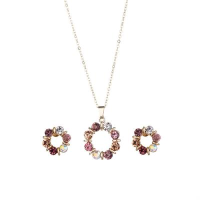 China Romantic Colorful Zircon Circle Garland Stud Necklace Set Sweet Circle Pendant Necklace For Women Girls Bridal Wedding Party for sale