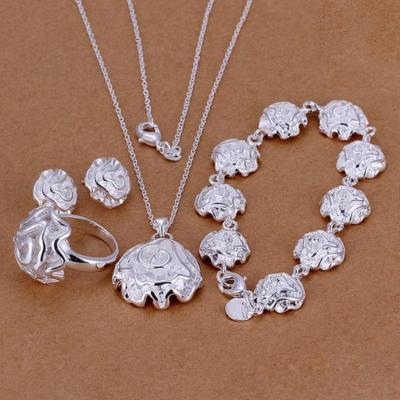 China Luxury Fashion Romantic Rose Necklace Bracelet Earrings Ring Silver Plated 4pcs Set Fashion Rose Ornament Set Silver For Women Girls for sale