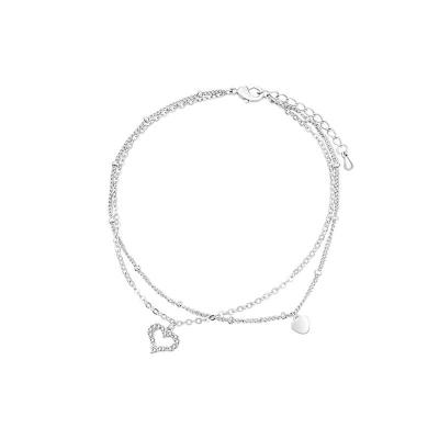 China Durable Soft Shiny Zircon Cutout Heart Anklet With Double Link Chain For Women Girls Decorate Foot Anklet for sale