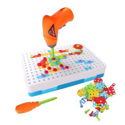 China Creative Kid's Game Educational Children's Mosaic Puzzle Toy Set Toolbox Set Diy Game Electric Drill 3D Screws Puzzle Blocks for sale