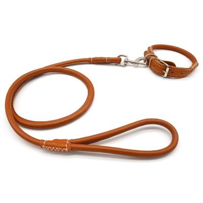 China Heavy Duty Genuine Cowhide Leather Braided Canine Strap Dog Leash and Collar Stocked Walking Training Training Rope for sale