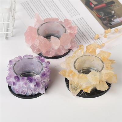 China Europe wholesale folk craft amethyst cluster crystal rough candle holder for home decoration for sale